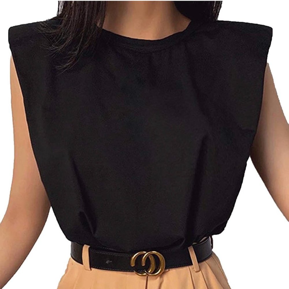 NEW: Black Extended Shoulder Crew-neck Top, Never-Been-Worn